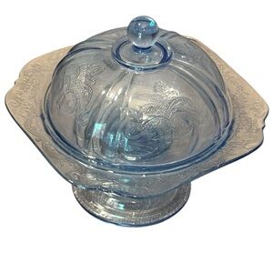 Elegant Blue Depression Glass Serving Dish with lid butter candy